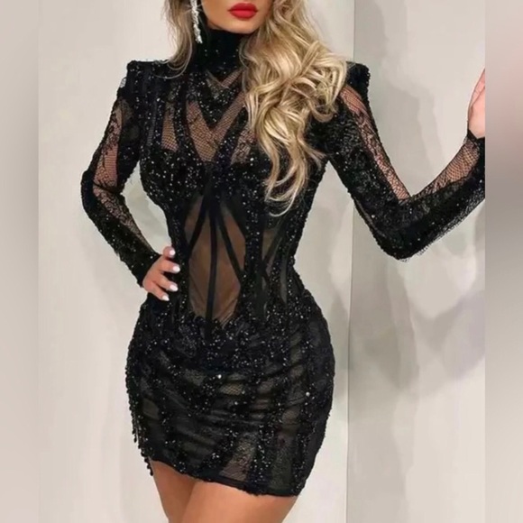 Dresses & Skirts - JESSICA BARA KATIA LONG SLEEVE BEADED CORSET MINI DRESS